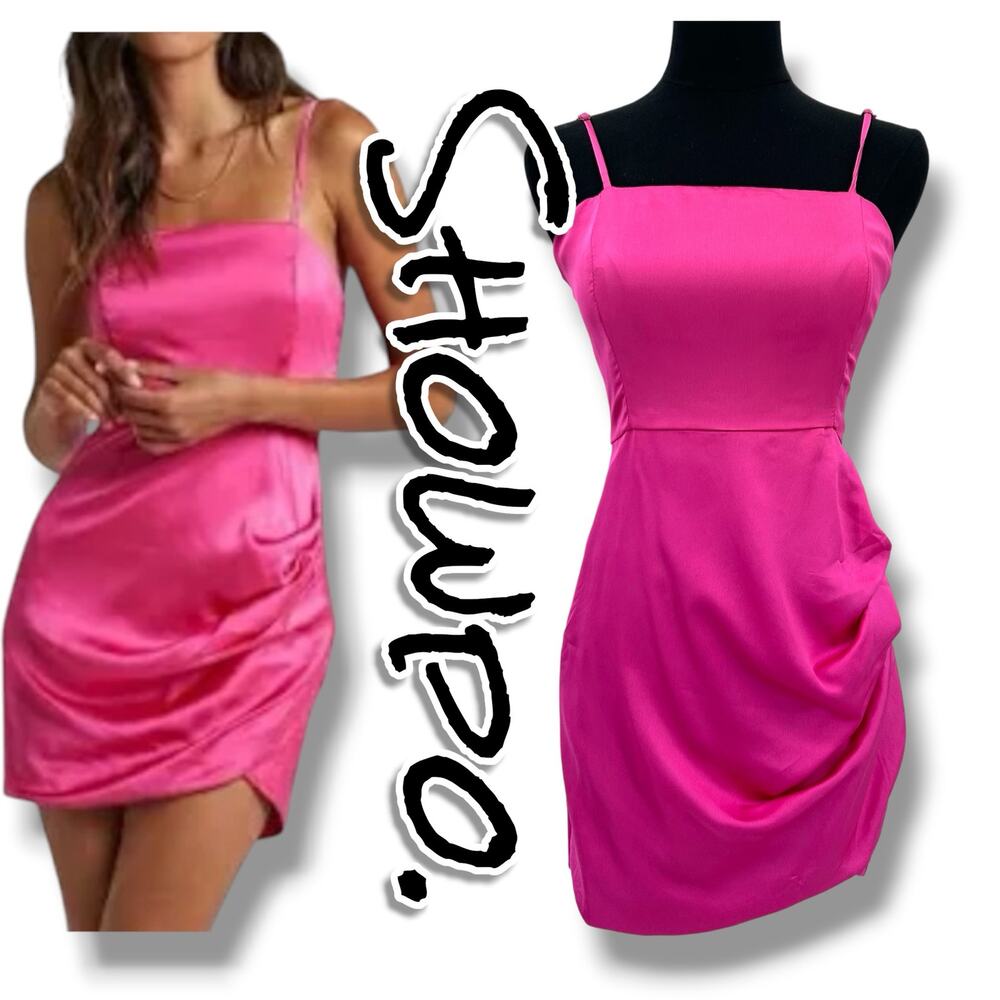 Showpo Elbereth Satin Mini Dress Hot Pink Satin Tulip Draped Bodycon Size US 2